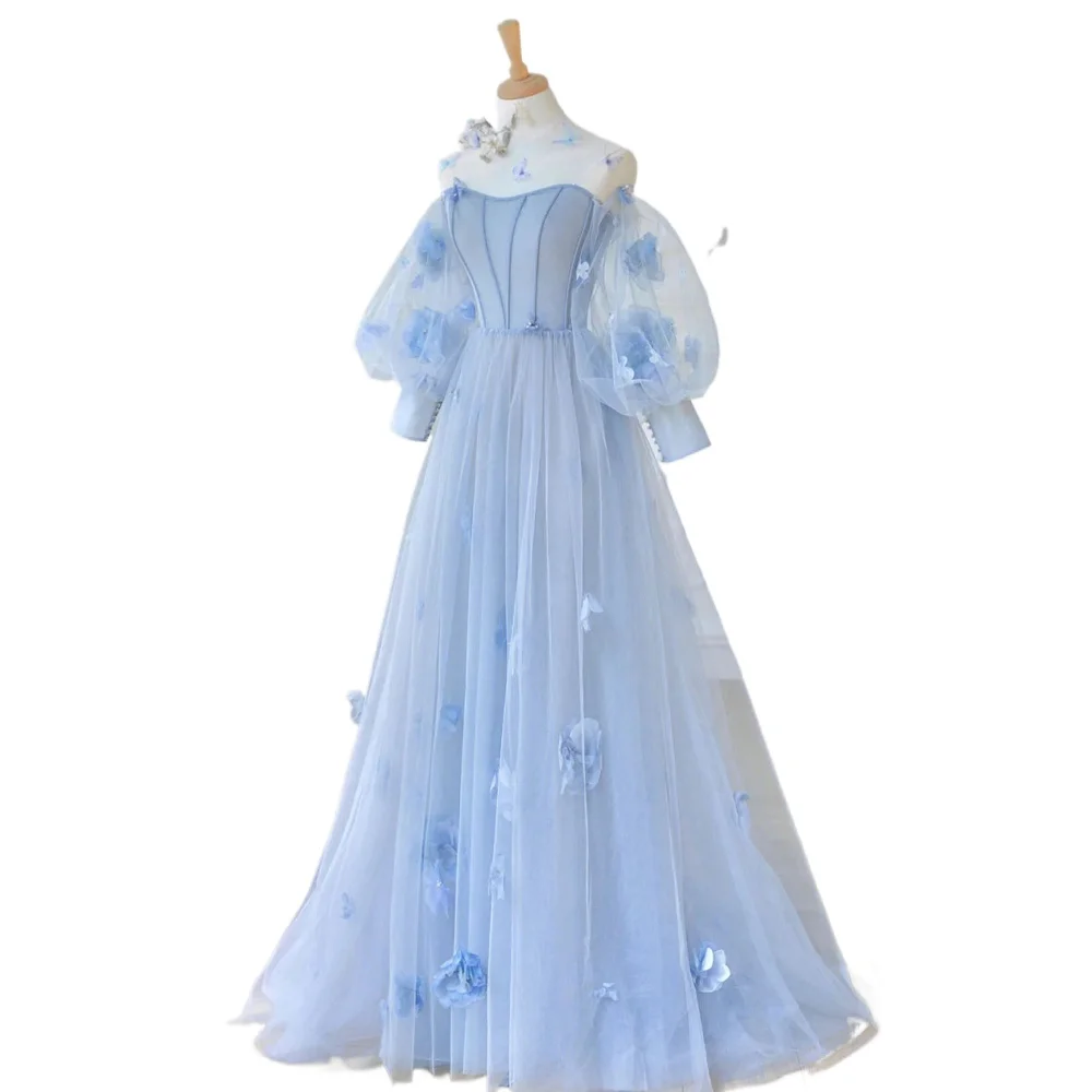 Princess Corset A-line Birthday Party Dress Light Blue 3D Flower with Fluffy Sleeves Women's Evening Dress Wedding Dress 2024