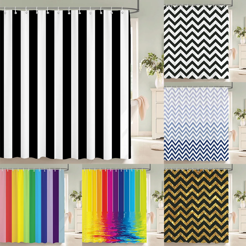 

Black and White Striped Shower Curtain With Hooks Waterproof Polyester Fabric Geometric Pattern Home Decor Bathroom Curtain