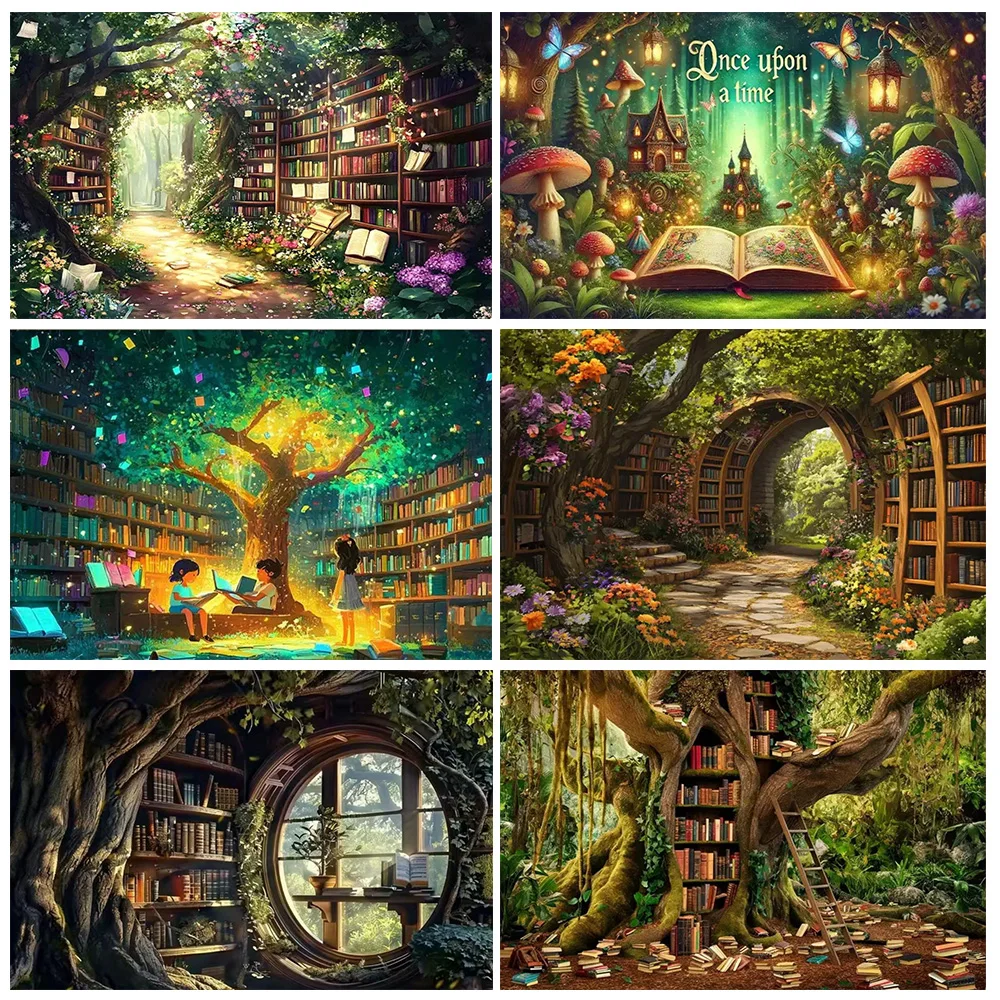 

Fairytale Forest Library Background Banner Birthday Party Decorations Enchanted Forest Book Backdrop Supplies Photography Props