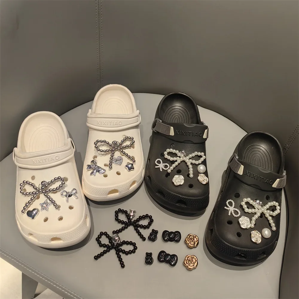 

New Fashion Pearl Bow Shoe Charms Set Pearl Flower Advanced Shoe Decorations 3D Detachable Buckle Shoes Accessories 1 Set