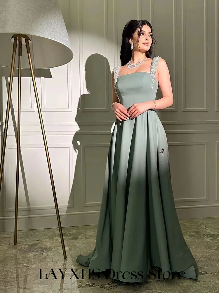 LAYXHS Simples Verde Vestidos de Noite Pescoço Quadrado Brilhante Frisado A Linha Plissado Formal Festa de Baile Vestidos Personalizados فساتmaveraات