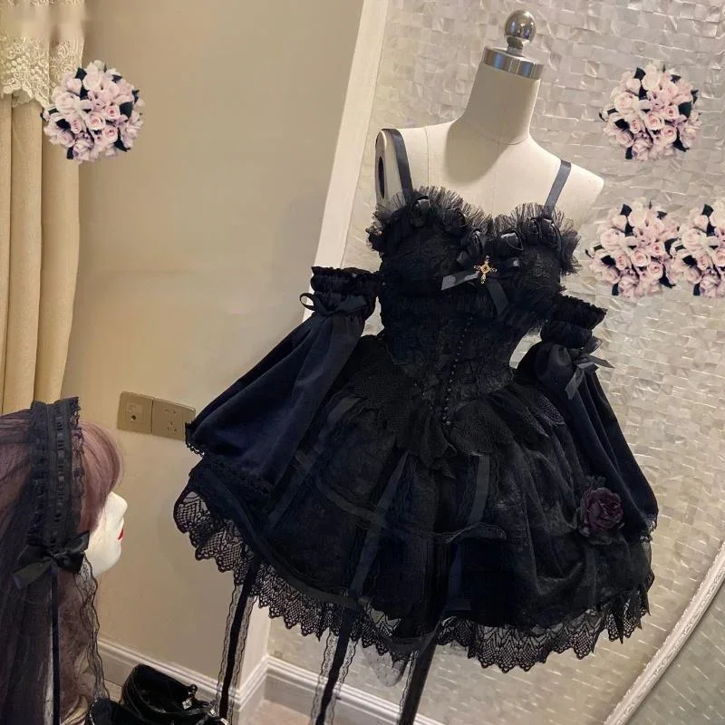 Japanese Victorian Gothic Lolita Dress Vintage Girl Sweet Lace Rose Elegant Princess Holiday Party Dresses Women Dark Slip Dress