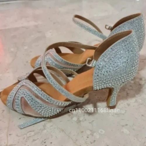 Imagen 2 del producto Zapatos de baile latino, baile de salsa para mujeres adultas, zapatos de baile de tango, zapatos de baile de entrenamiento, sandalias de tacón alto, negro y plateado