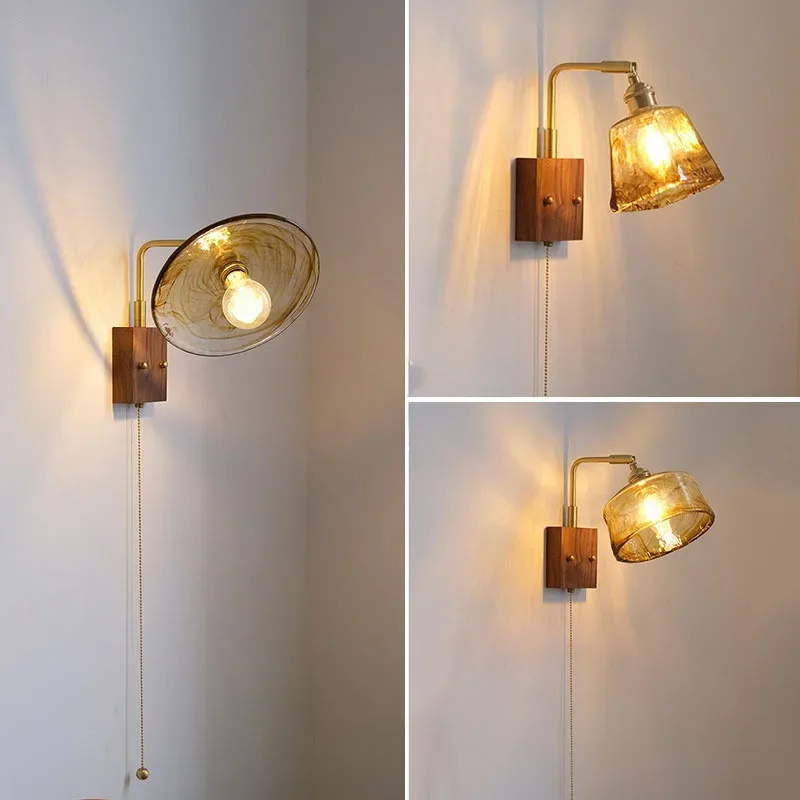 

Vintage Walnut Wall Light LED Rotatable Cable Switch Living Room Hallway Bedroom Bedside Staircase Wall Light Glass Lampshade