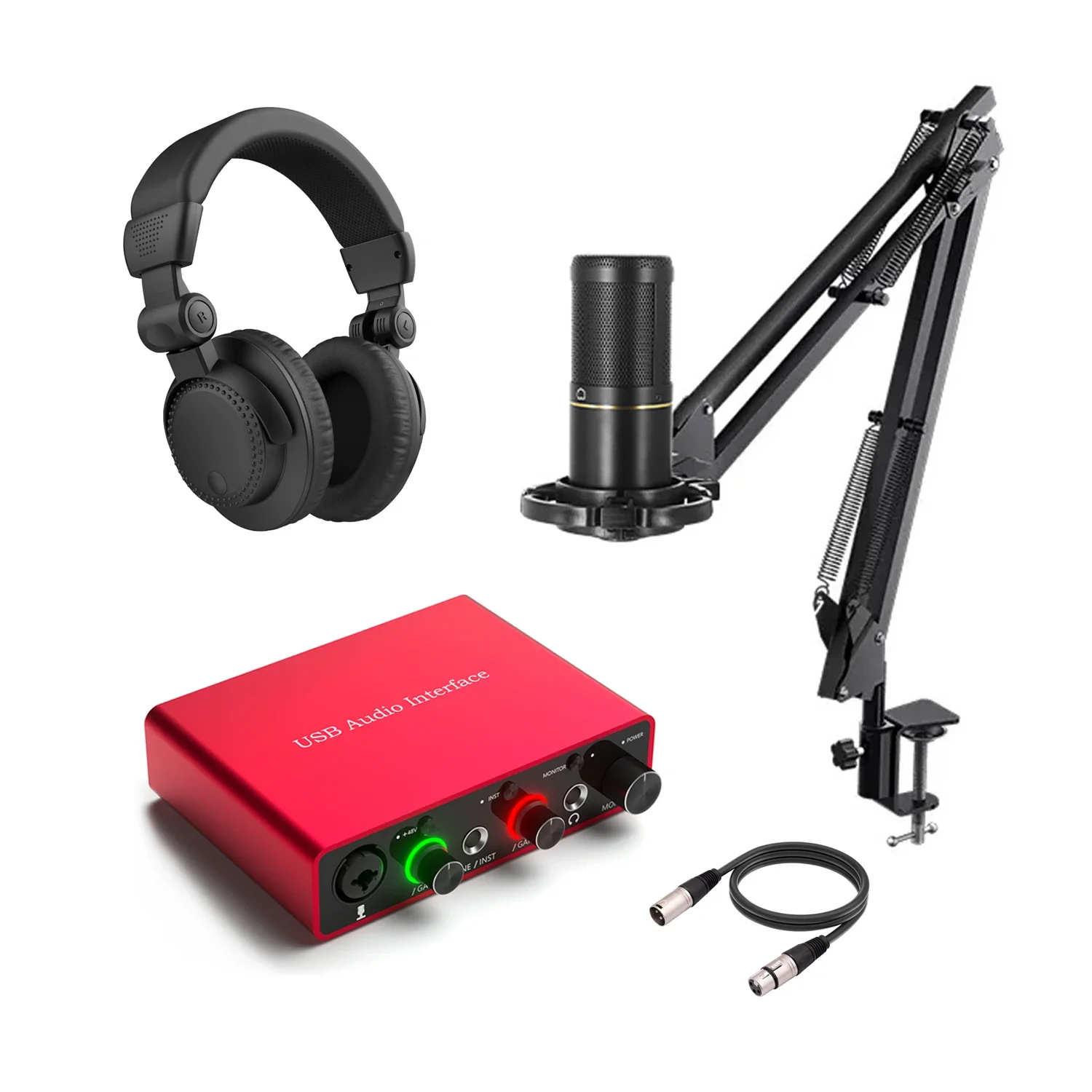 48V Condenser Studio Professional Microphone Bundle Monitor Headphone USB Audio Interface Sound Card Kit Podcast Recording