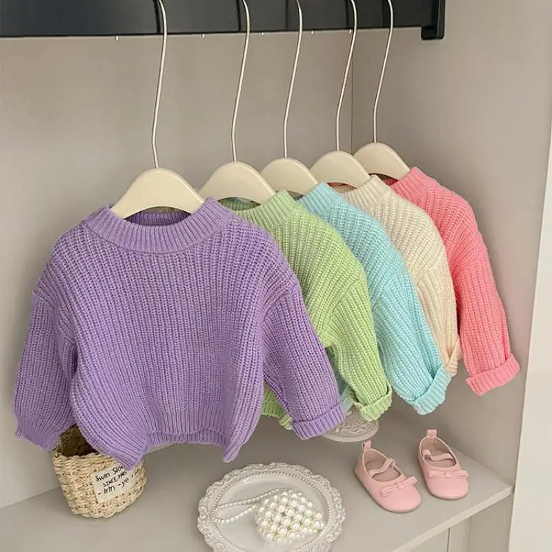 2025 Winter New Baby Long Sleeve Sweater Fashion Boys Girls Knitted Tops Solid Infant Thick Warm Clothes Toddler Casual Pullover