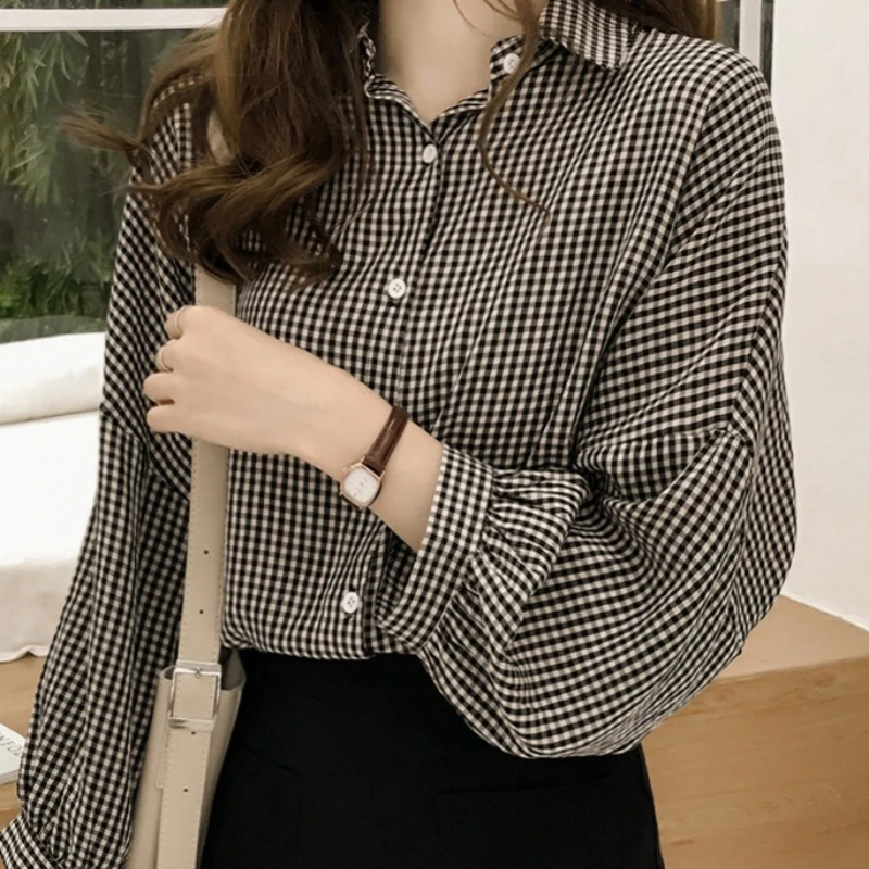 

Women Shirt Plaid Blouses Lantern Sleeves Turn Down Collar Single Breasted Slight Strech Slim Fit Office Lady Casual 2026 Autumn