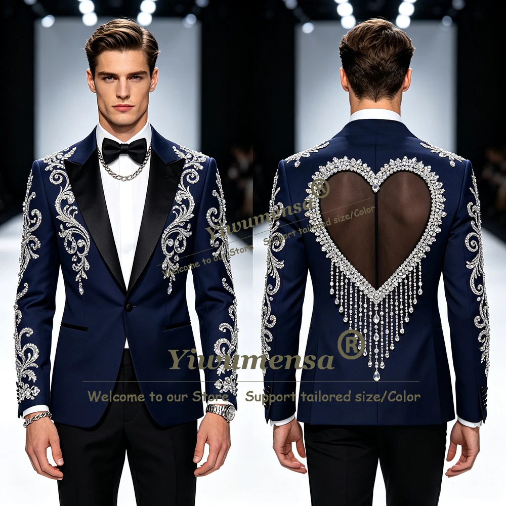 Luxury Beaded Stones Suits Men For Wedding Illusion Tulle Back Design Prom Blazer Customized 2 Piece Sets Groom Tuxedo Man Dress