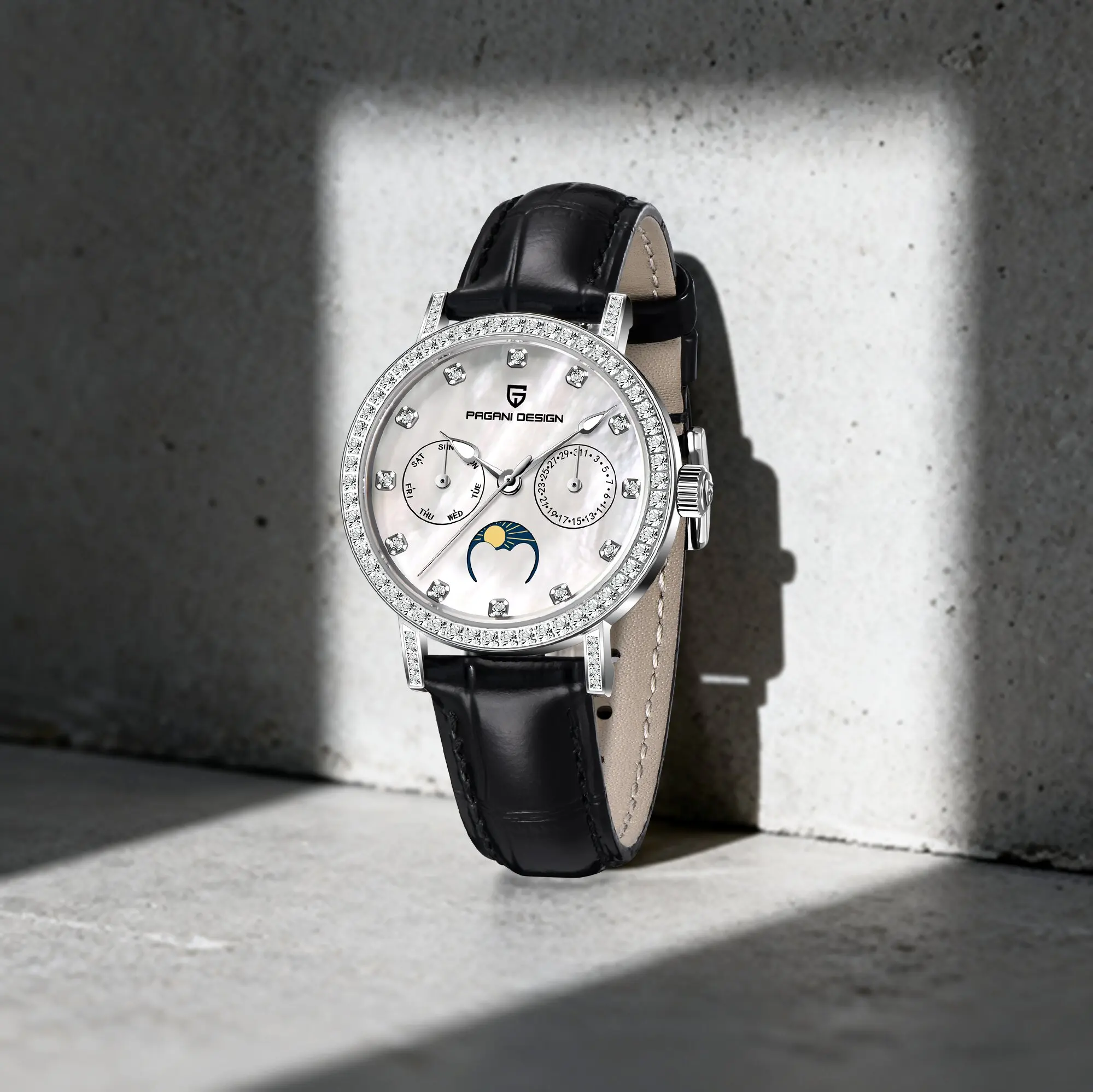PAGANI DESIGN Ladies High-Definition Quartz Watch Elegant All-Match Style Leather Week Display Multifunctional Auto Date Watch