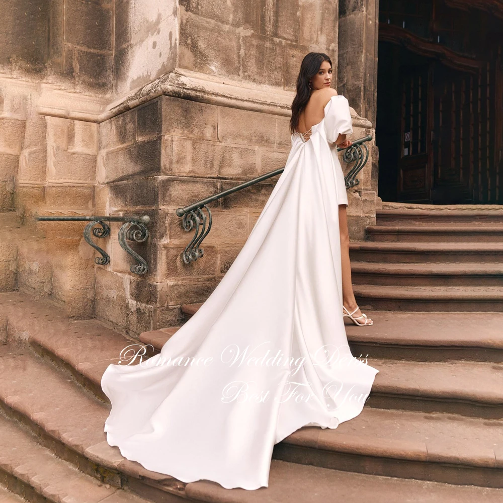 Nowoczesna suknia ślubna w kształcie litery A z dekoltem w serek, plisami, odpinanym trenem, satynowa, z odkrytymi plecami, długość nad kolano, suknia ślubna Vestidos De Novia, możliwość personalizacji.