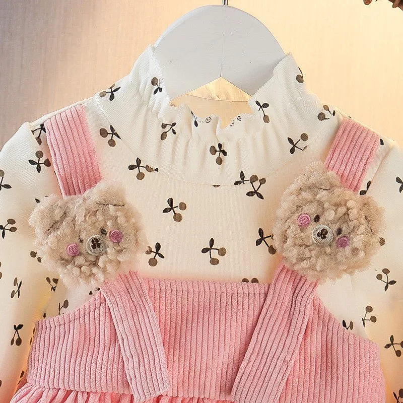 Fake Two Pieces Dress Corduroy Cartoon Bear Cherry Print Splicing Dresses Girls Princess Birthday Gift Kid Spring Autumn Clothes