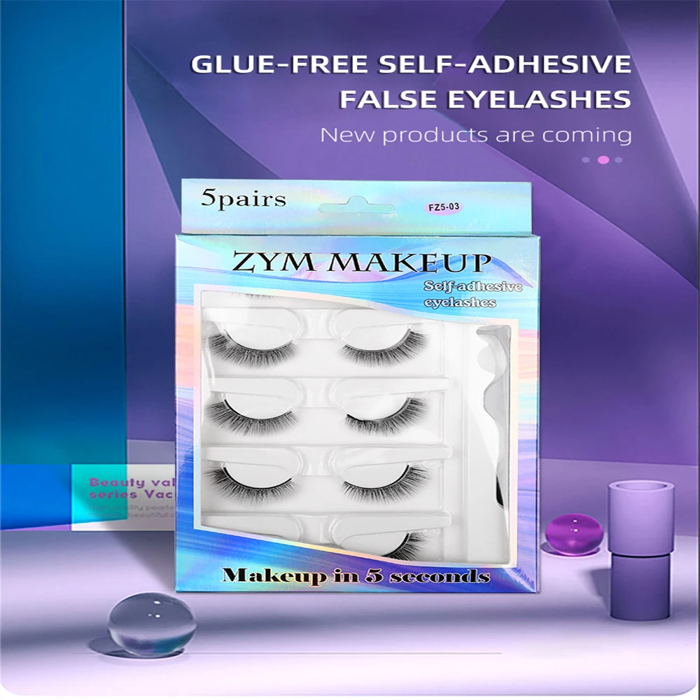 5 أزواج من الرموش الصناعية الخالية من الغراء للمبتدئين مع شرائط لاصقة حساسة لدرجة الحرارة، مجموعة رموش وهمية سهلة الاستخدام