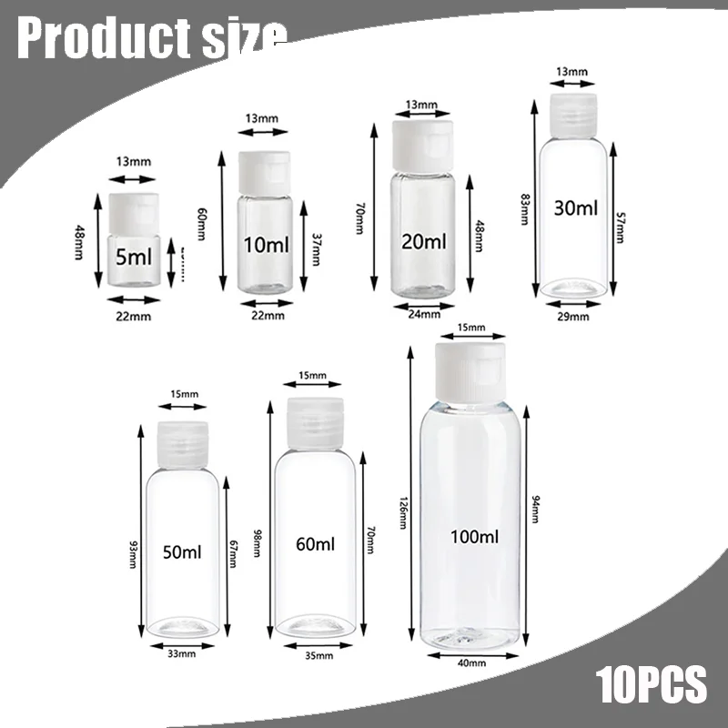 10 Uds. Botellas de plástico PET transparentes, botella vacía de viaje de 5ml-100ml con vial abatible, artículos de tocador líquidos, dispensador de champú y acondicionador