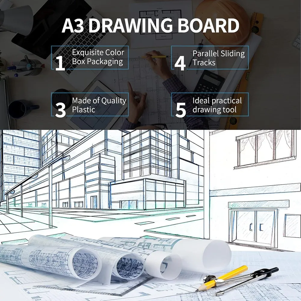 DT38 A3 Portable Drawing Board,Multi-Function Metric Drafting Table Drafting Board with Clear Rule Parallel Motion and Angle