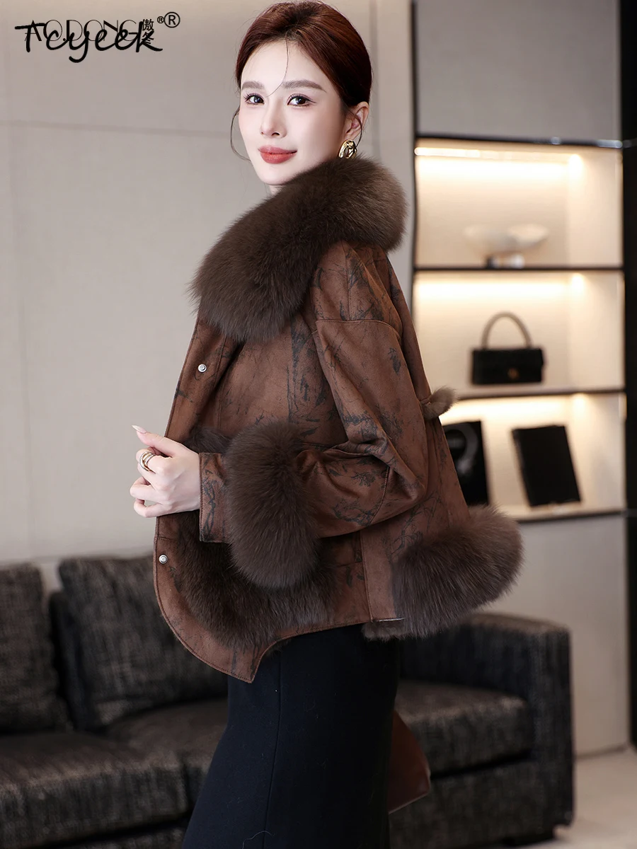 Tcyeek Autumn Winter Rabbit Fur and  Integrated High End Korean Version Fox Fur Collor Brown Women's Fur Coat Fourrures Femme