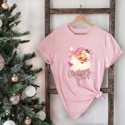 Retro Pink Santa Christmas Women Shirt Vintage Holiday Shirt Christmas Pink Latte Drink Shirts Women Graphic Tshirt Gift for Her