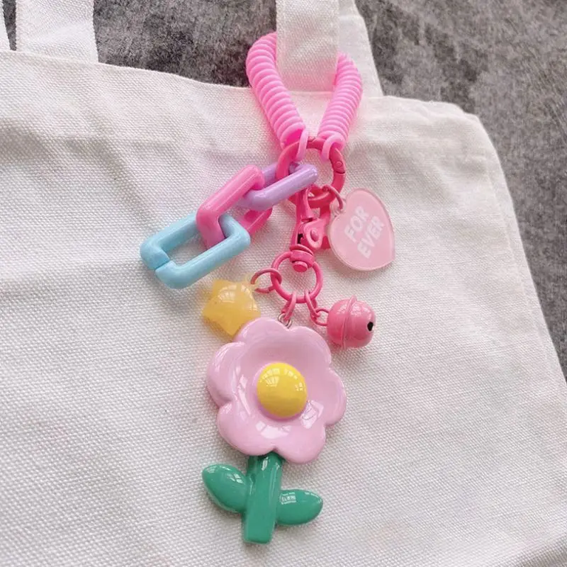 Sweet Acrylic Sunflower Keychains With Beaded Chain Candy Color Flowers Cute Keychain Bag Pendant Kawaii Korean Style Keyrings