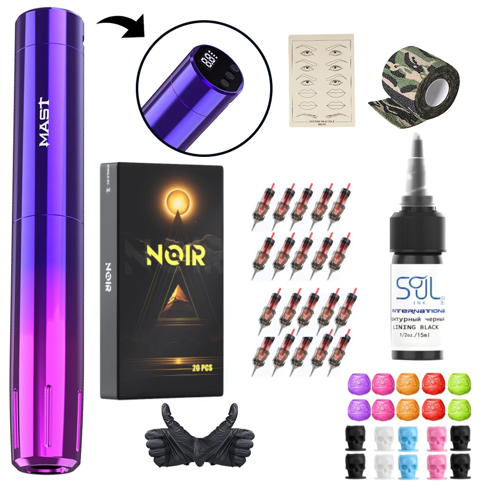 Mast Tour Y22 Tattoo Kit RCA Wireless Rechargeable Battery Permanent Makeup Machine With 0.5OZ Ink Noir 1RL Cartridge Needles