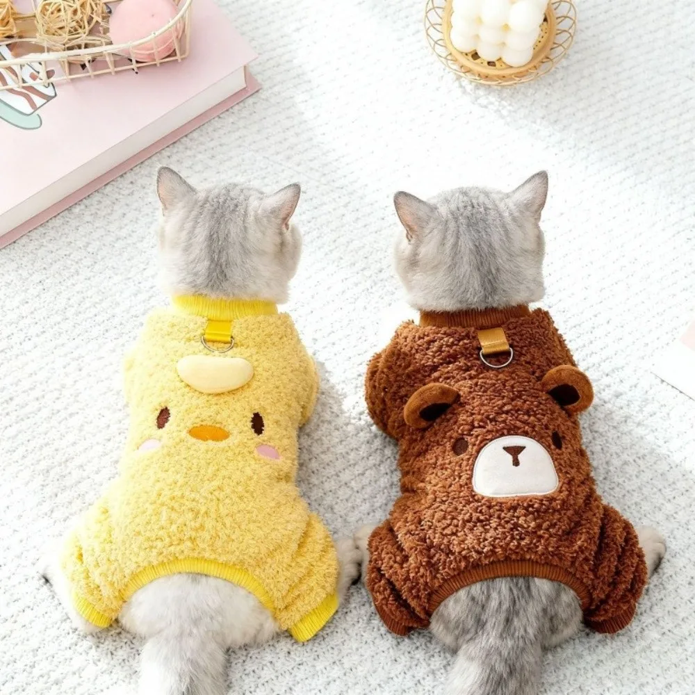 

Warm Dog Plush Jumpsuit Soft Fleece Cozy Four Legged Plush Coat with Traction Ring Animal Pattern Dog Cotton Jacket