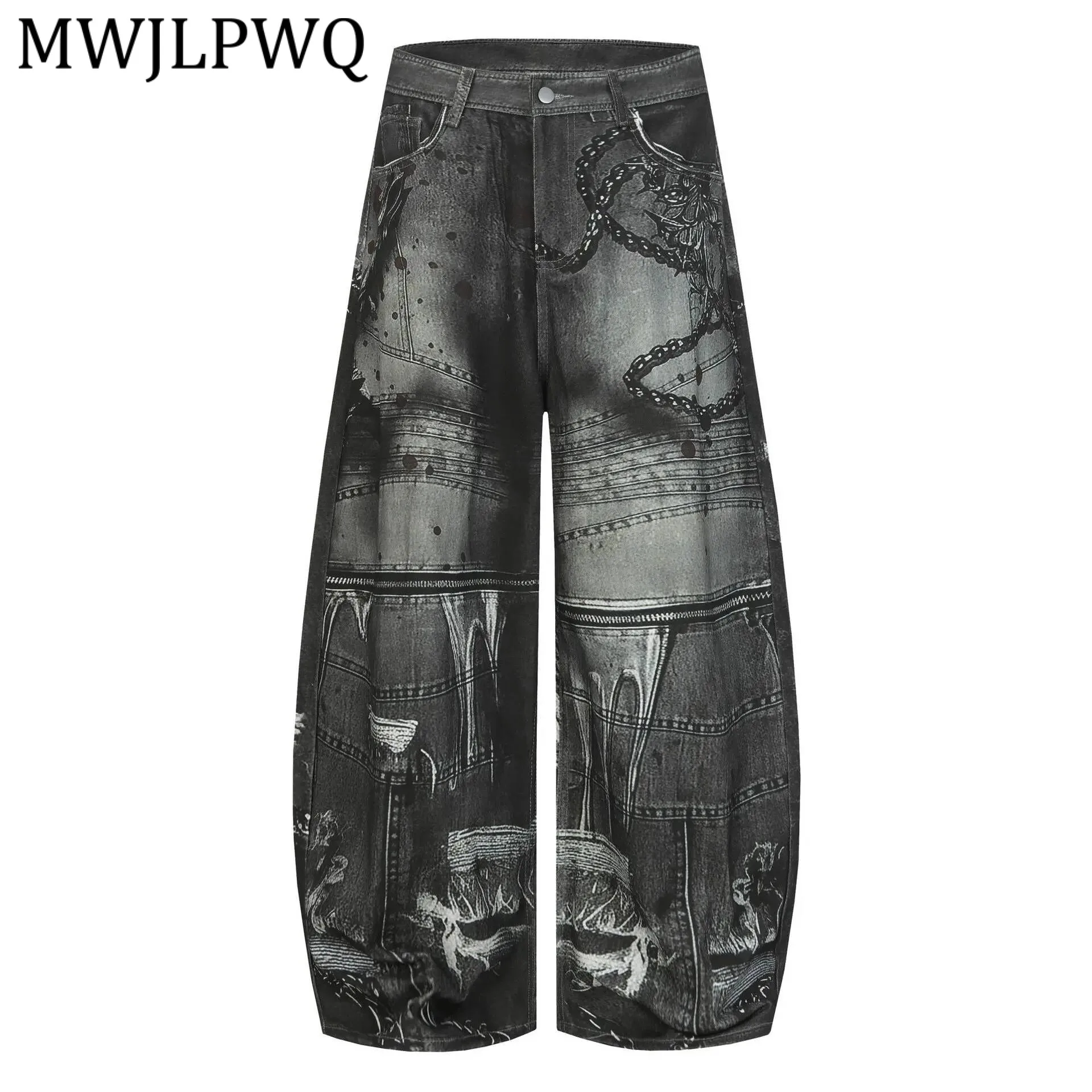 

MWJLPWQ RO Style Heavyweight Printed Machete Pants Men's American Streetwear Niched Loose Wide-Leg Jeans Spring Autumn 22007