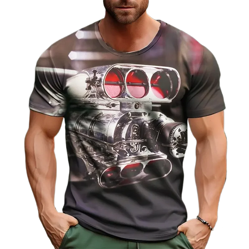 

Retro T-Shirts For Men 3d Car Engine Print Men's Clothing Street Designer Short Sleeved Loose Oversized T-Shirt Graphic Tees Y2k