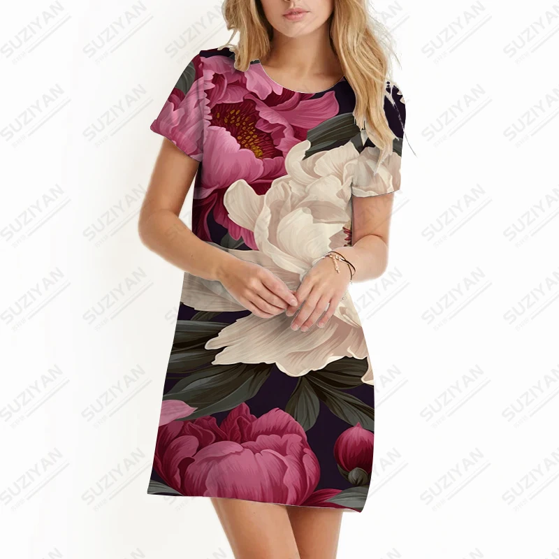 2023 Summer Women's Elegant Casual Dress Gorgeous Flower 3D Printing Dress Fashion Versatile Short-sleeved Dress