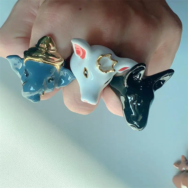 Exaggerated Enamel Drip Glaze Animals Large Ring Pig Bull Head Elephant Massive Rings Y2K Punk Jewelry Gift For Women