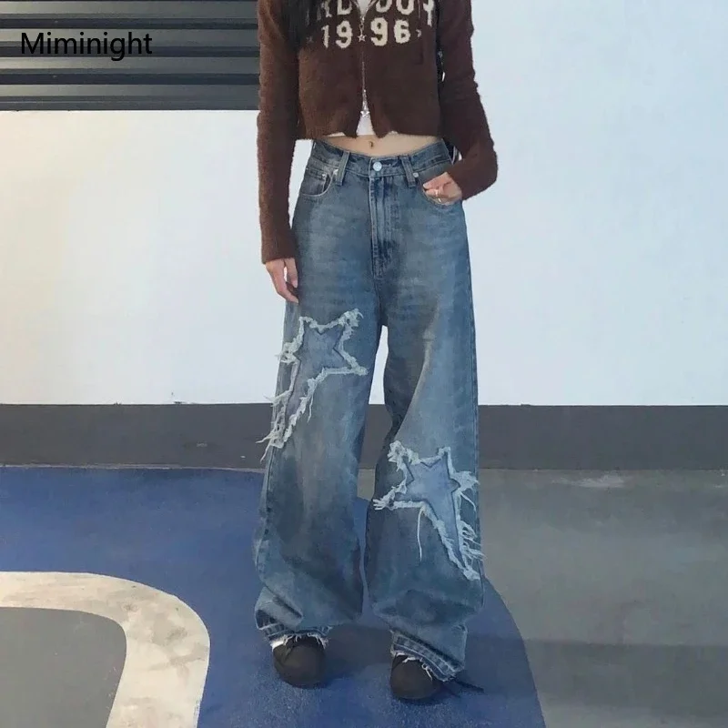

Vintage 90s Streetwear Star Blue Jeans Women Y2K Grunge Distressed Patchwork Loose Wide Leg Denim Pants Female Retro Trousers