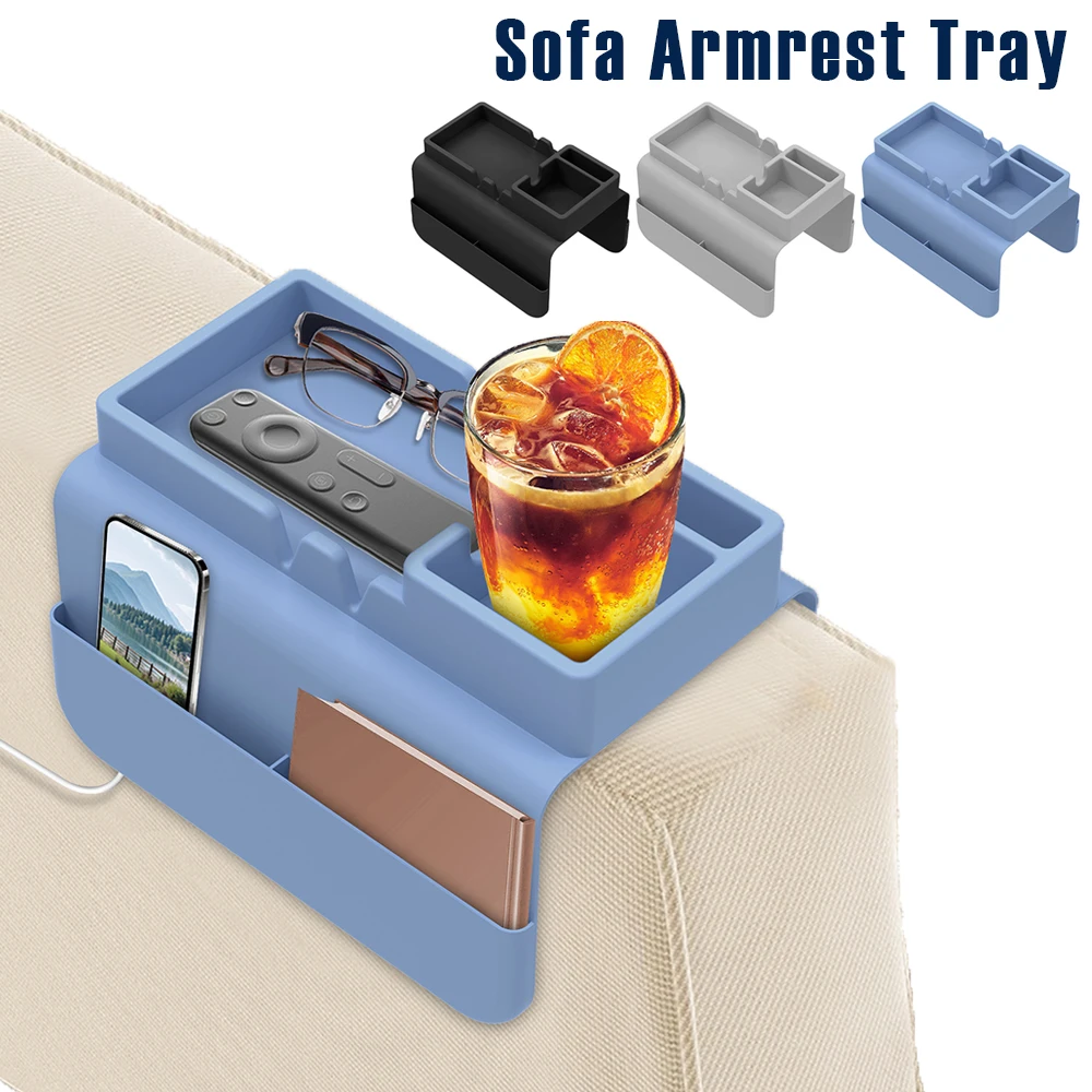 Sofa Armrest Tray Silicone Sofa Armrest Rest Shelf with Side Pocket Dual Slot Anti-Slip Sofa Cup Holder for Remote Control Snack