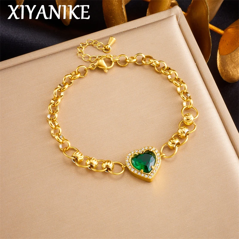 XIYANIKE 316L stainless steel Heart Turquoise Charm Bracelet For Women Fashion Non Fading Wrist Chain Jewelry Gifts Wholesale