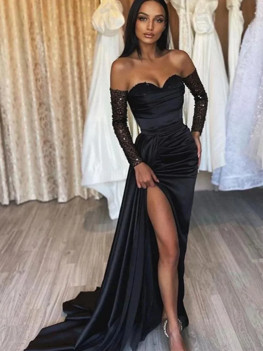 Robe de Soirée Noire Élégante pour Femme Arabe, Fente Frontale, Sexy, Chérie, Ligne A, Dos aux, Tenue de Bal d'Anniversaire pour Fille