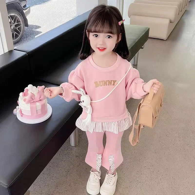 Set pakaian sweter anak perempuan, setelan baju Sweater katun murni, celana Flare kasual dua potong, Set lengan panjang Barat, mode musim semi dan musim gugur untuk anak perempuan