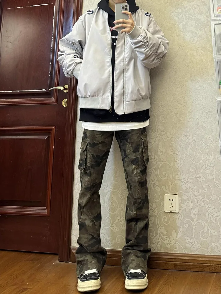 

Американские камуфляжные джинсы в стиле ретро, мужские узкие расклешенные брюки для работы, повседневные прямые джинсы для похудения