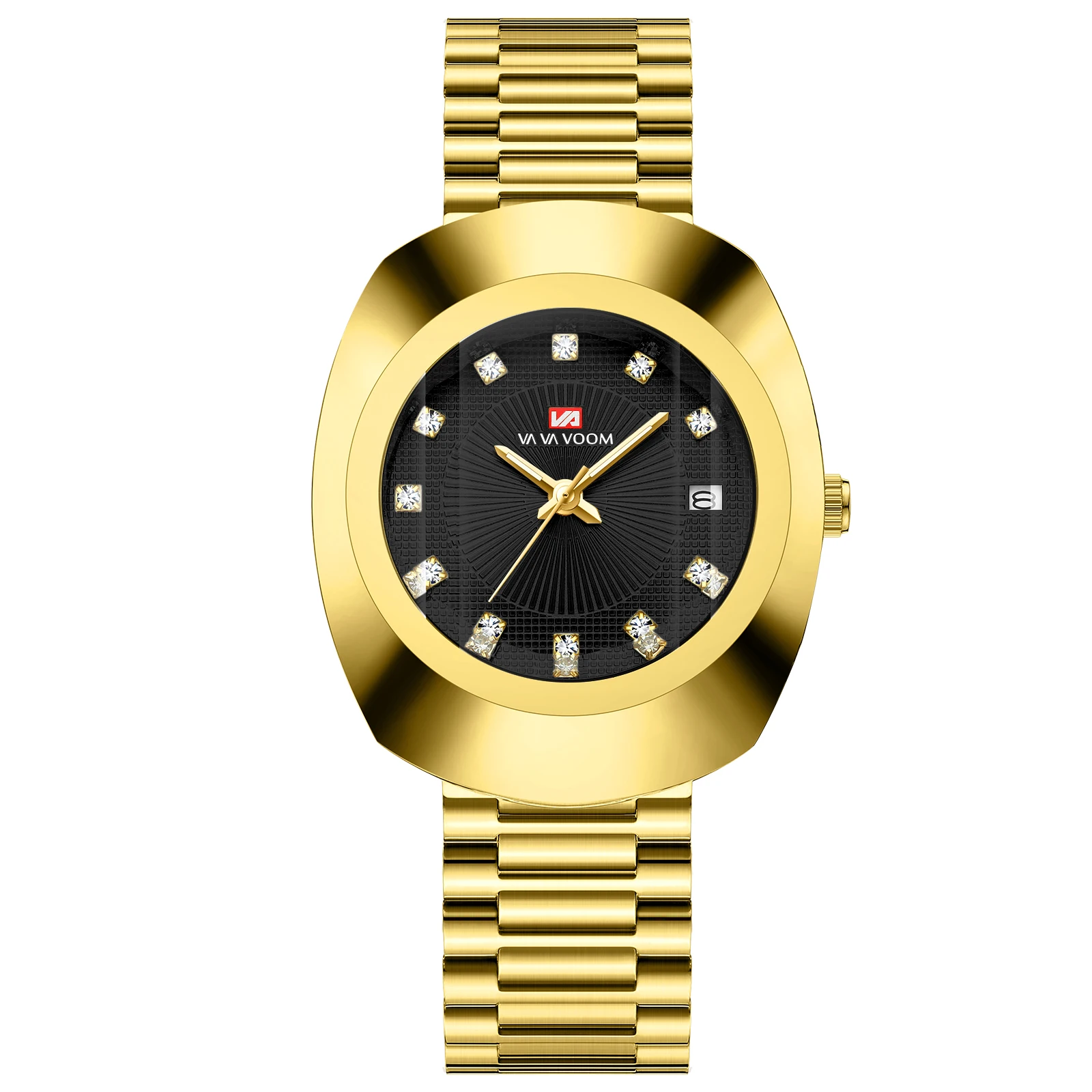 VA VA VOOM Brand Creative Oval Mens Watch Quartz Movement Stainless Steel Mesh Belt 3Bar Gold Gorgeous Rhinestone Wrist Watches