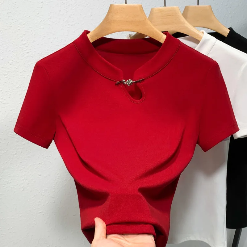 

Stand-up collar short sleevetWomen's-shirt2024New women's clothing, new-style solid color cotton-shirt with a stylis