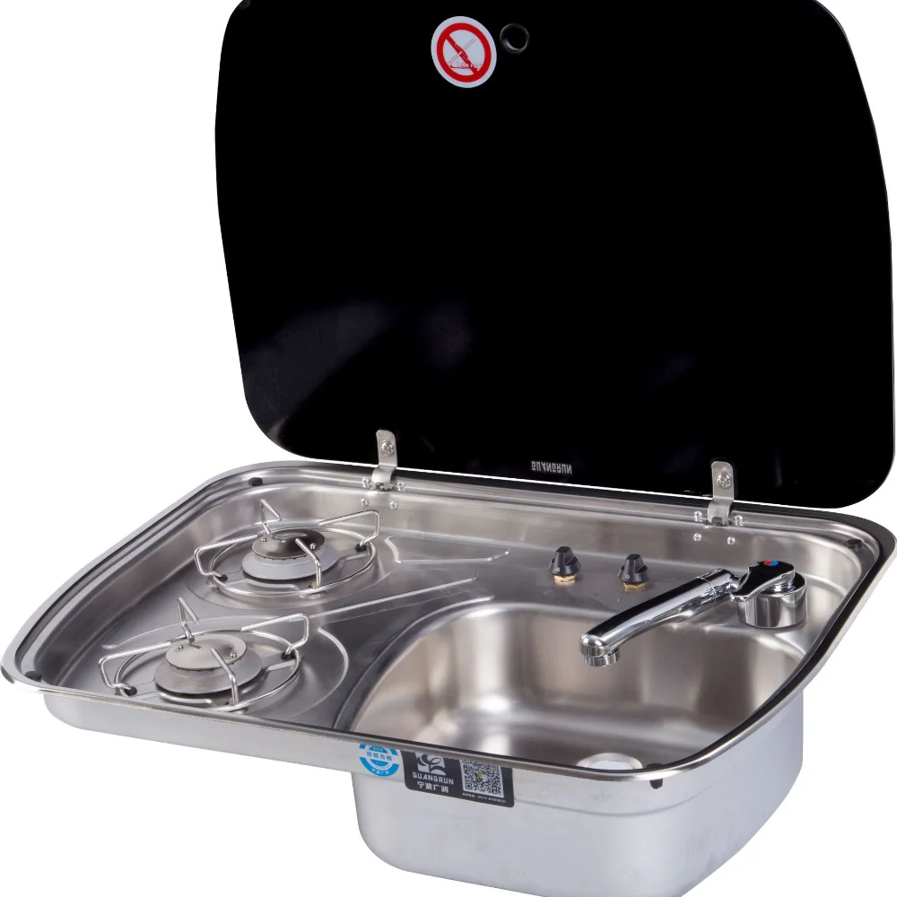 TYTXRV Caravan Sink & Cooktop Stove Hob Combo with Tempered Glass Lid Built-in 2 Burner for Motorhome Camper Boat Yacht