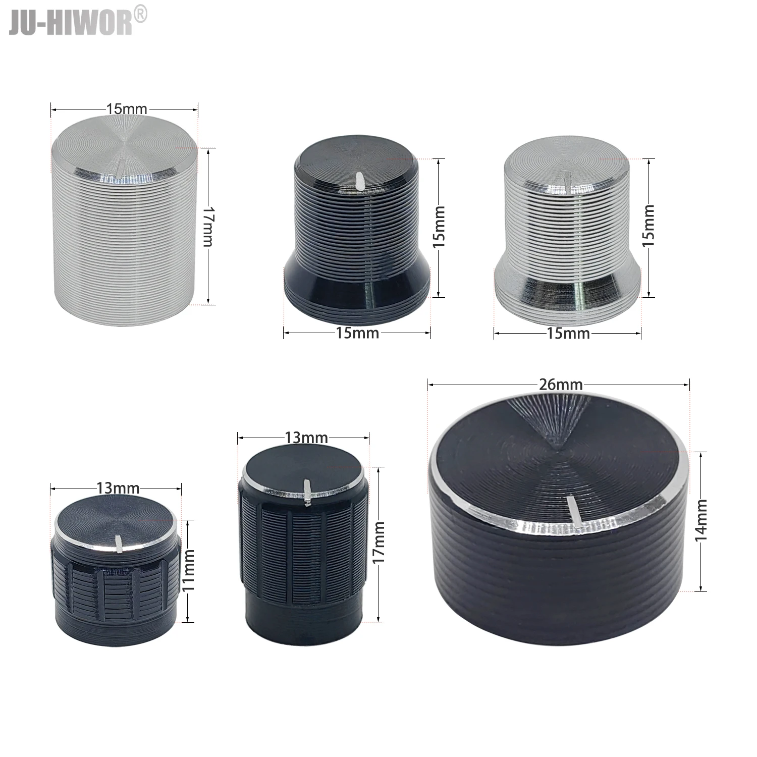 

2pcs Tone Top 6mm Shaft Guitar Volume Aluminum Knob For Potentiometer Volume Control Rotary Knobs Diameter 13mm 15mm 26mm