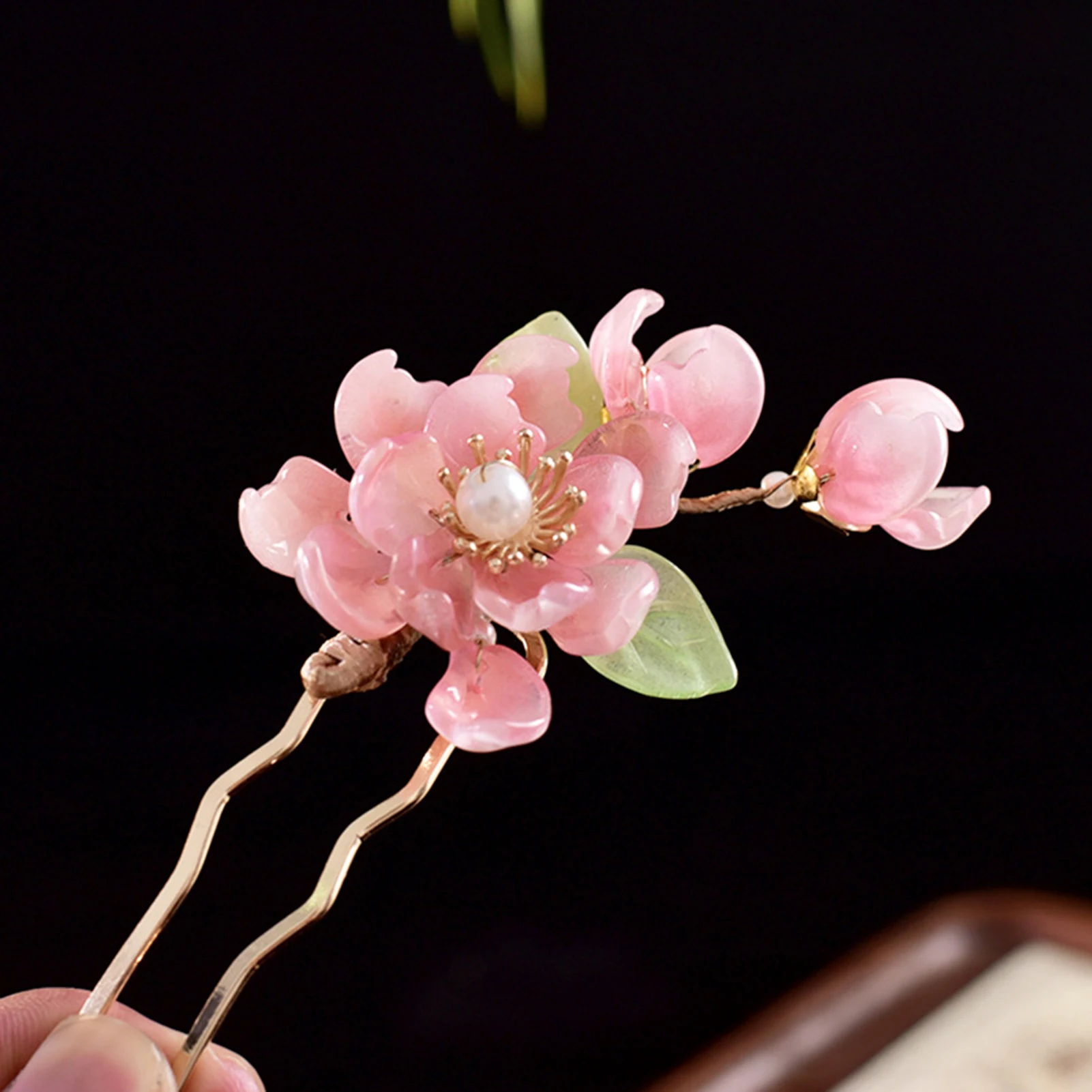 1개 복숭아꽃 머리핀 새로운 중국 스타일 핑크 꽃무늬 헤어 클립 진주 크리스탈 합금 머리 장식 한복 코스프레용