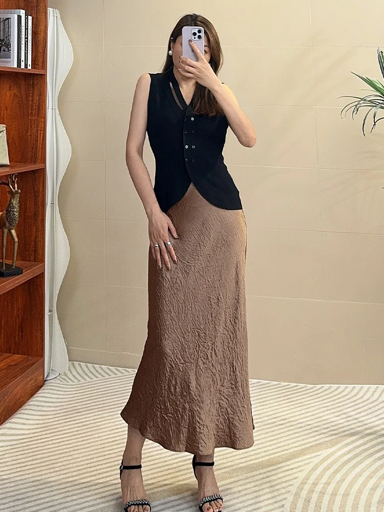 

Acetate Satin Fi Tail f Skirt Women's Sli Slim Fit Pleated Texture High Waist mid Length A-Line Summer New Arrival