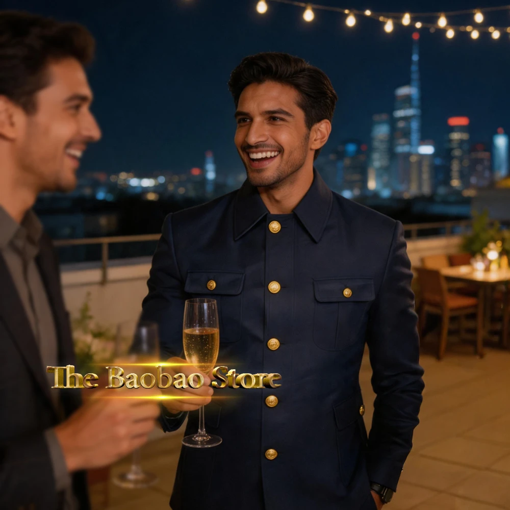 Mens Navy Blue Suit 2 Piece Suit Jacket Pants Set Formal Male Safari Outfit for Wedding Party Celebration Prom Evening Events