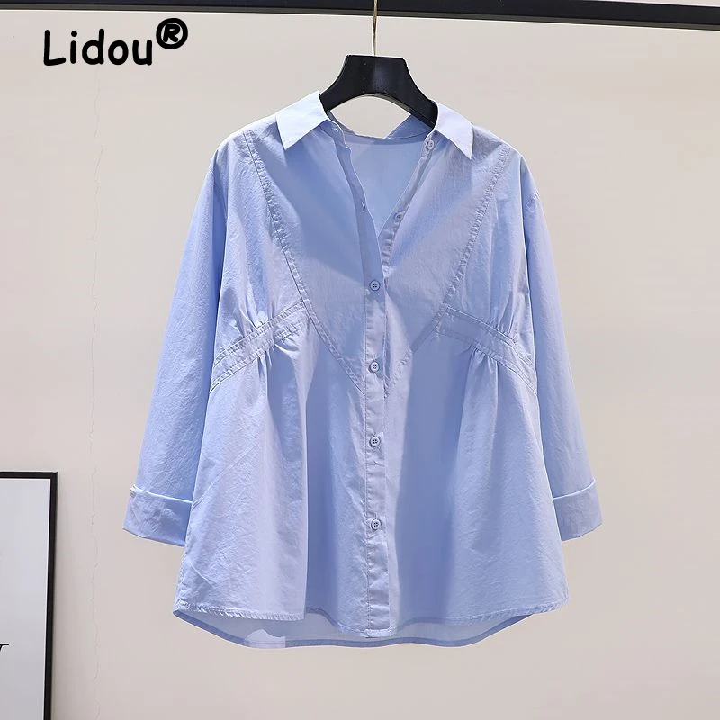 Simple Casual Solid Loose Long Sleeve Button Up Shirt Spring Autumn Lapel Cotton All Match Top Blouse Women Blusas Mujer Clothes