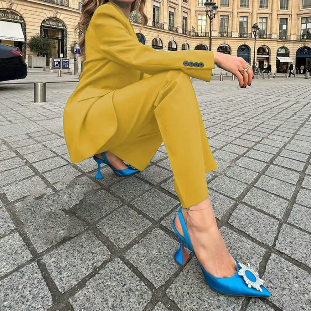 Women Single Button Suit Stylish Women's Formal Business Suit Lapel Coat Wide Leg Pants Set for Office Lady Elegant Solid Color