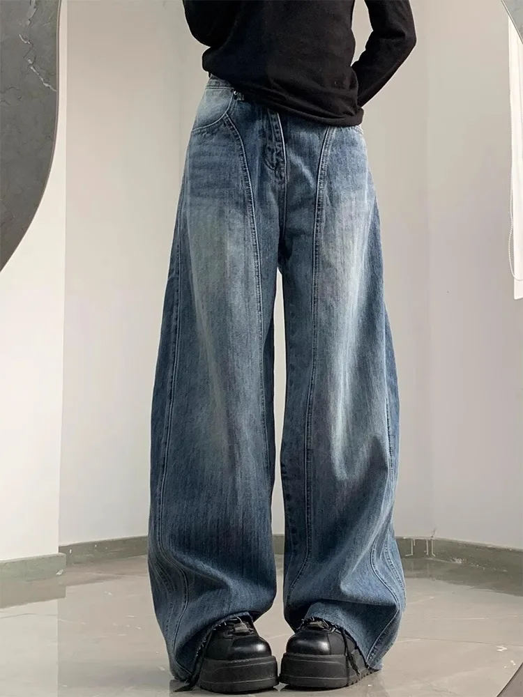 

Мужские джинсы с высокой талией, прямые, синие, с вырезами, из денима, Cleanfit, расклешенные брюки