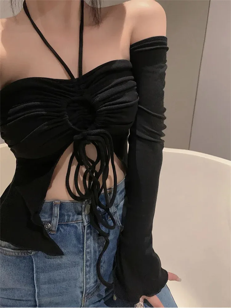 Charming Women Sexy Crop Tops Women Halter Neck Tops with Sleeves Solid Color Pleated Tie Up Drawstring Summer Slim Fit Shirt