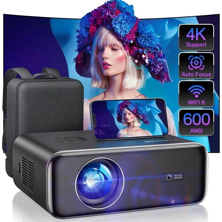 [Auto Focus/4K Support] Projector with WiFi 6 and Bluetooth 5.2, 600ANSI Native 1080P Outdoor Movie Projector,