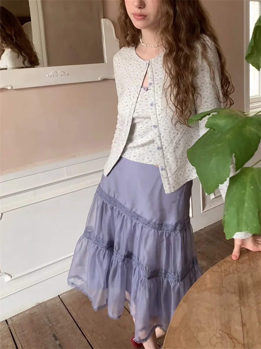 Sweet Loose Grey Purple Lace Splicing Tulle Skirt Spring Autumn Low Waist Cake Skirt Women's Fashion Regenerative Cellulose F...