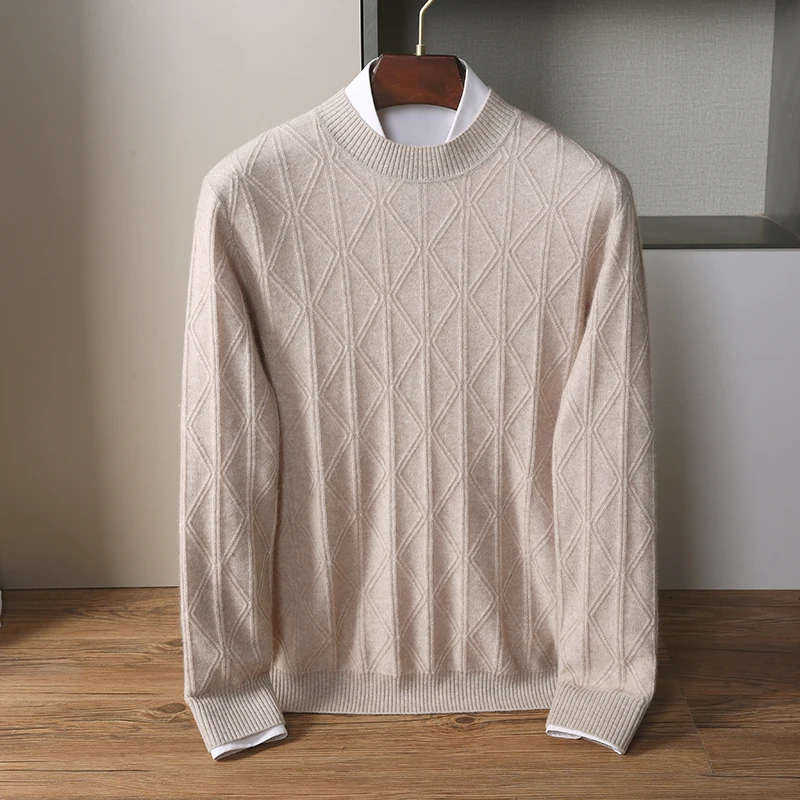 

High quality men's 100% pure cashmere pullover luxury brand knit sweater loose round neck Tops Pull geometric Jumper streetwear