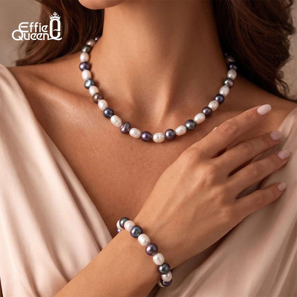 EFFIE QUEEN 925 Silver Baroque Real Natural Freshwater Pearl Bracelet Black White Irregular Pearl Beads Elastic Bangle GPB63