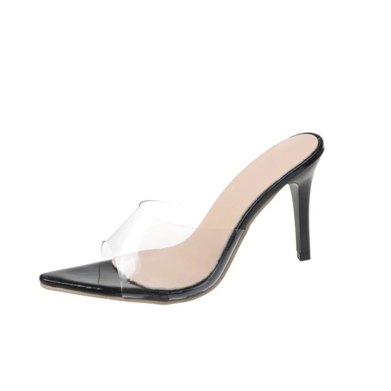 Trendige, sexy High-Heel-Slipper für Damen mit spitzer offener Zehenpartie, transparente Mules für Partys, Nude-Transparente Schuhe – Detail 7