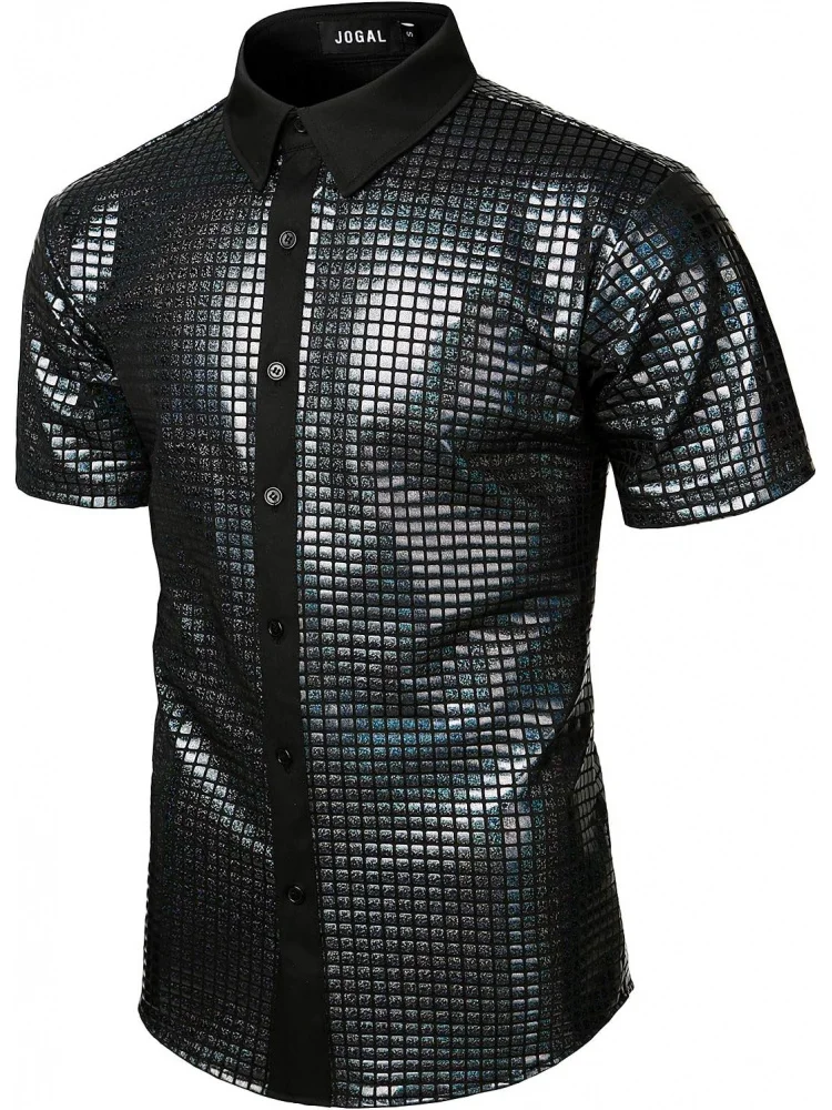 Men's 70s Costume Rainbow Sequins Disco Party Dress Short Sleeve Button Down Shirts